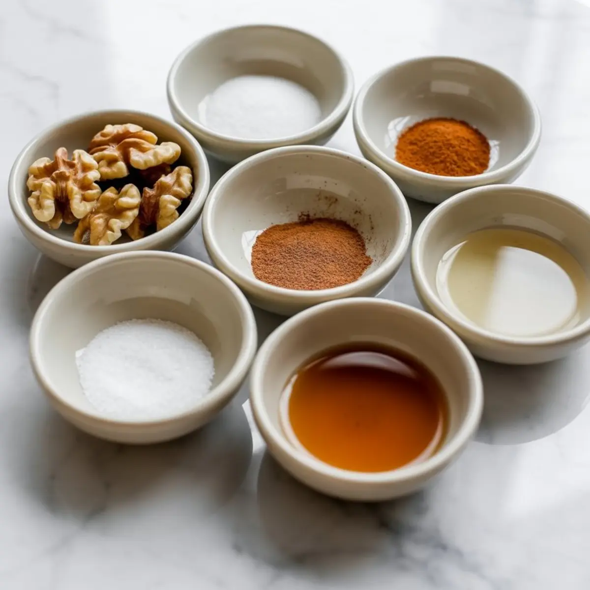 Small ceramic bowls filled with raw walnuts, white sugar, cinnamon, nutmeg, salt, vanilla extract, and oil arranged neatly on a marble countertop for making candied walnuts.
