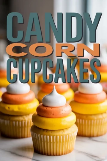 Close-up of frosted candy corn cupcakes topped with white, orange, and yellow buttercream swirls, styled beneath bold retro typography.
