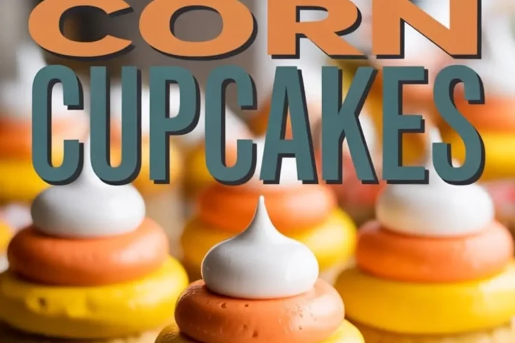 Close-up of frosted candy corn cupcakes topped with white, orange, and yellow buttercream swirls, styled beneath bold retro typography.