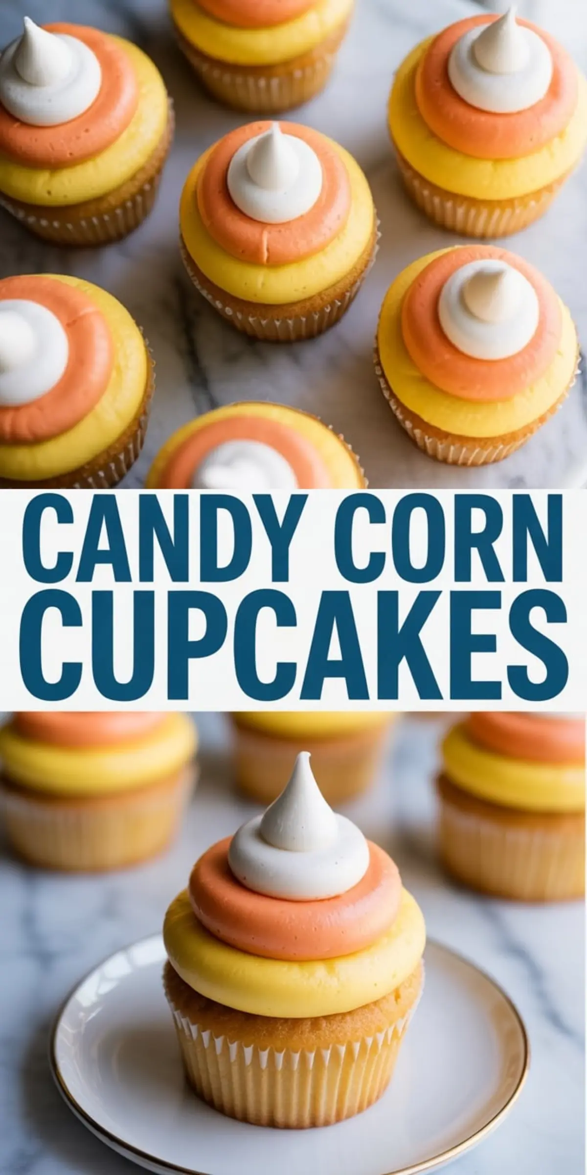 Candy corn cupcakes with three-tone frosting in white, orange, and yellow swirls, arranged on a marble surface with soft natural lighting.