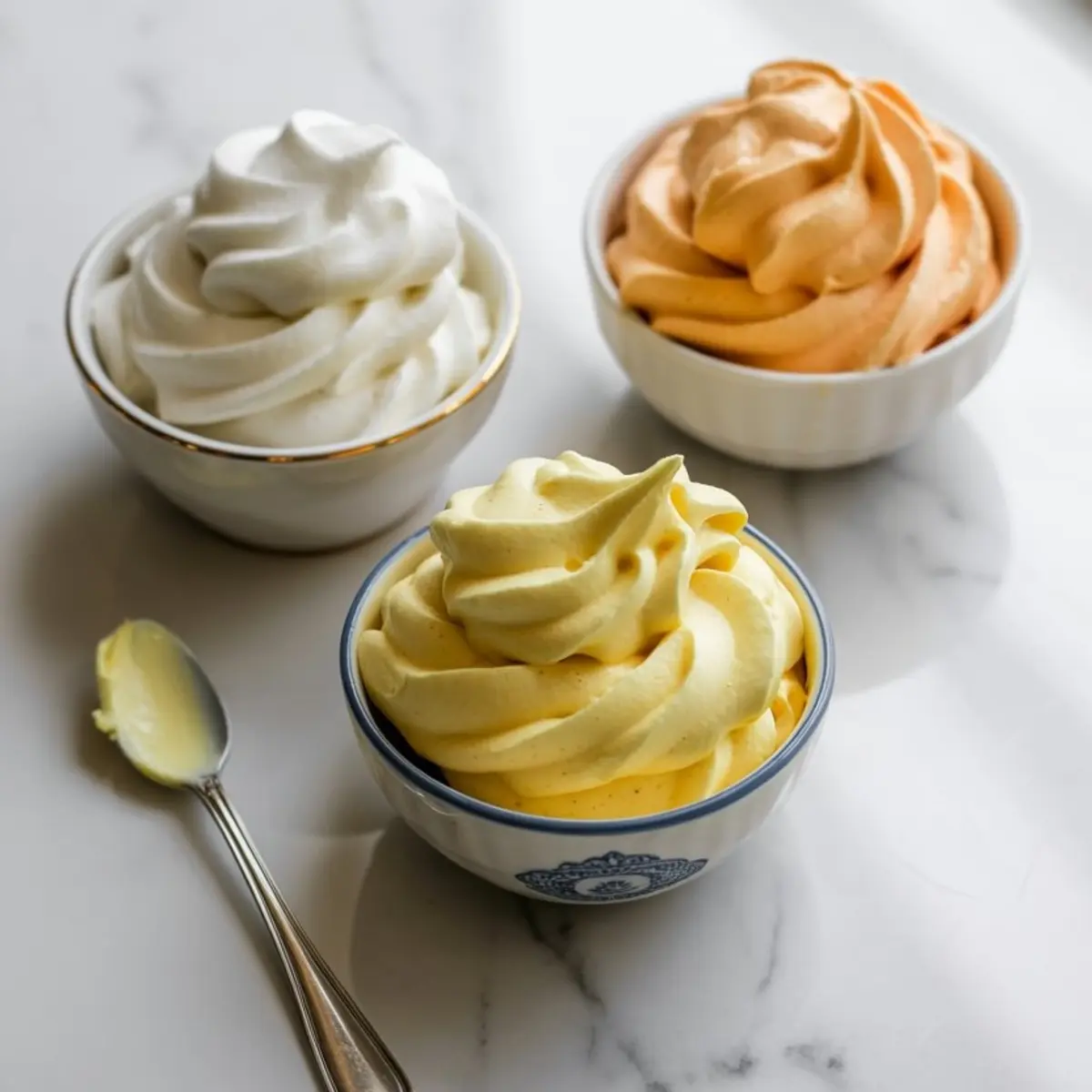 Three ceramic bowls filled with white, orange, and yellow buttercream frosting, swirled and piped for decorating candy corn cupcakes.