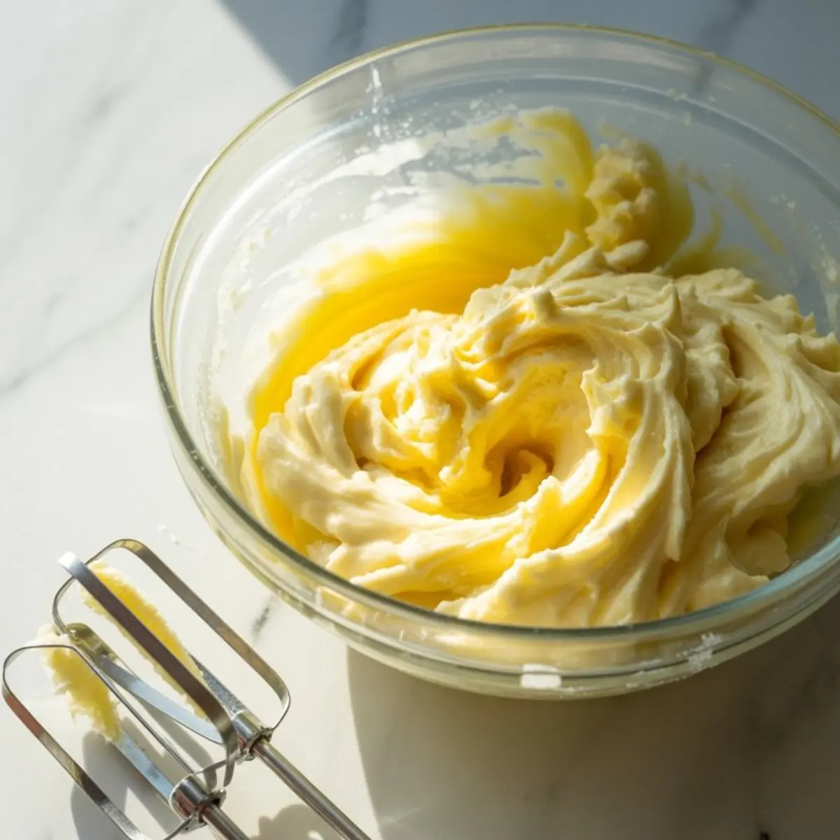 Glass mixing bowl with freshly whipped yellow cupcake batter, with electric mixer beaters resting beside on a white marble counter.