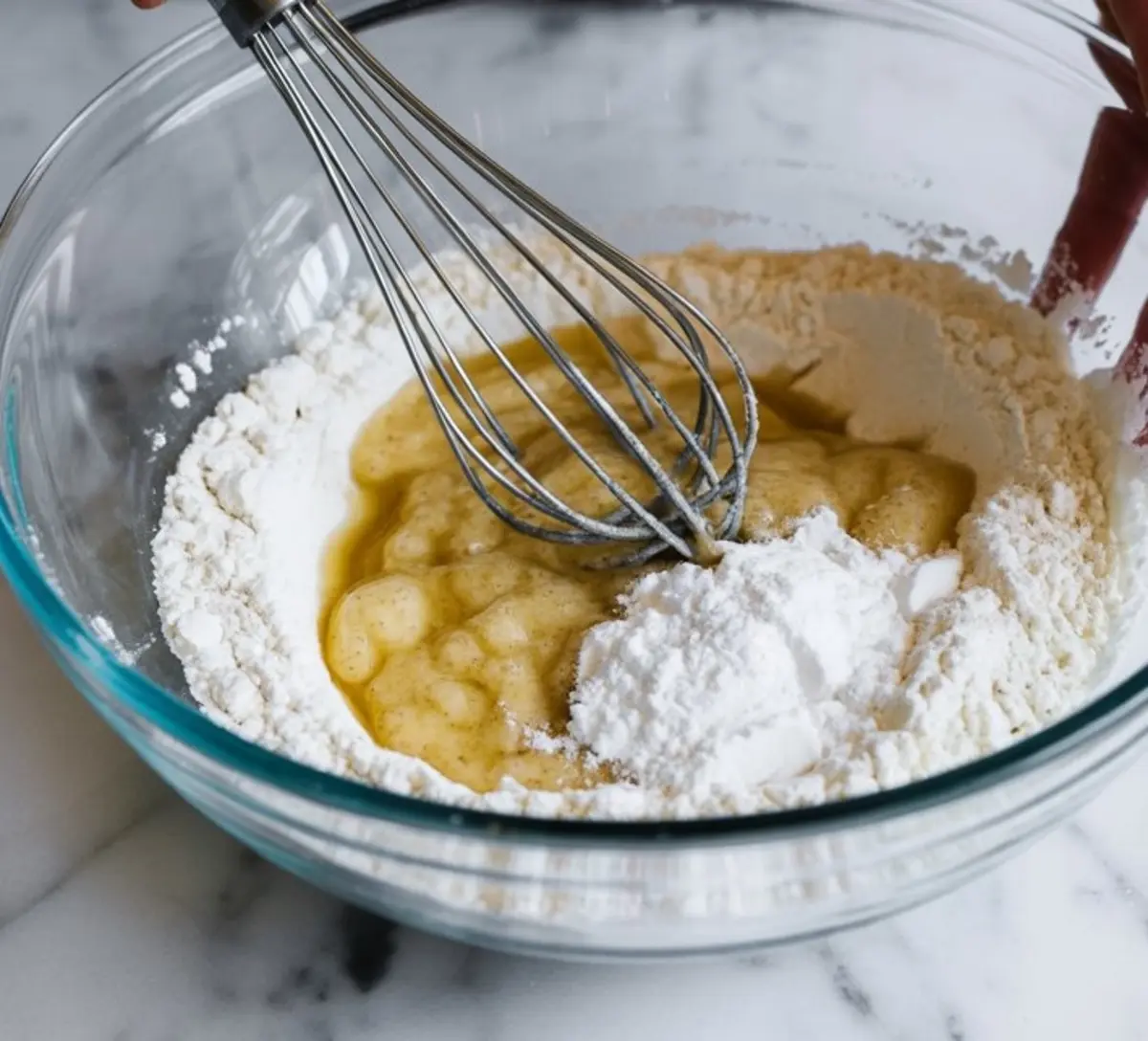 Clear glass bowl showing flour, sugar, and vanilla mixture being whisked together to prepare homemade cupcake batter.