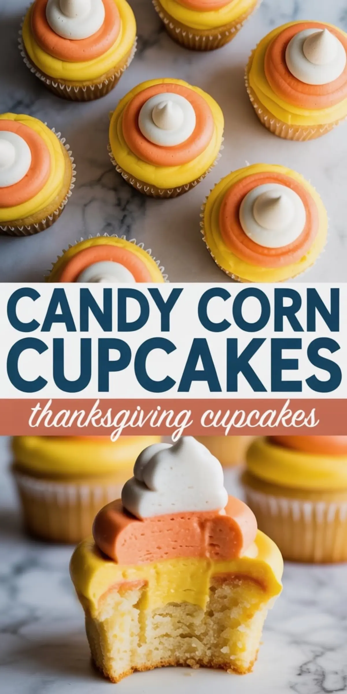 Flat lay of candy corn cupcakes on marble, featuring vibrant tri-color frosting and a bitten cupcake showing vanilla interior and layered icing.
