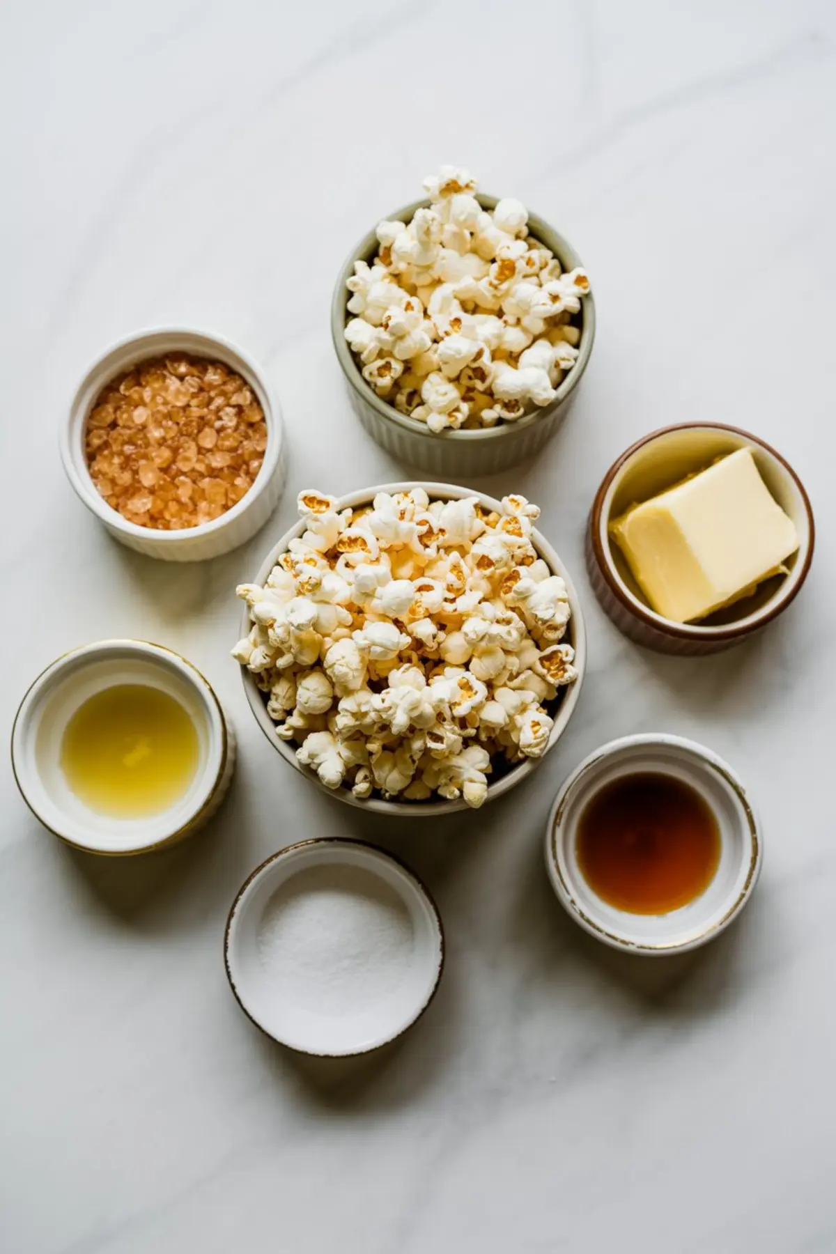 Flat lay of caramel popcorn ingredients including popcorn, butter, vanilla extract, salt, brown sugar, and oil in individual bowls on a white surface.
