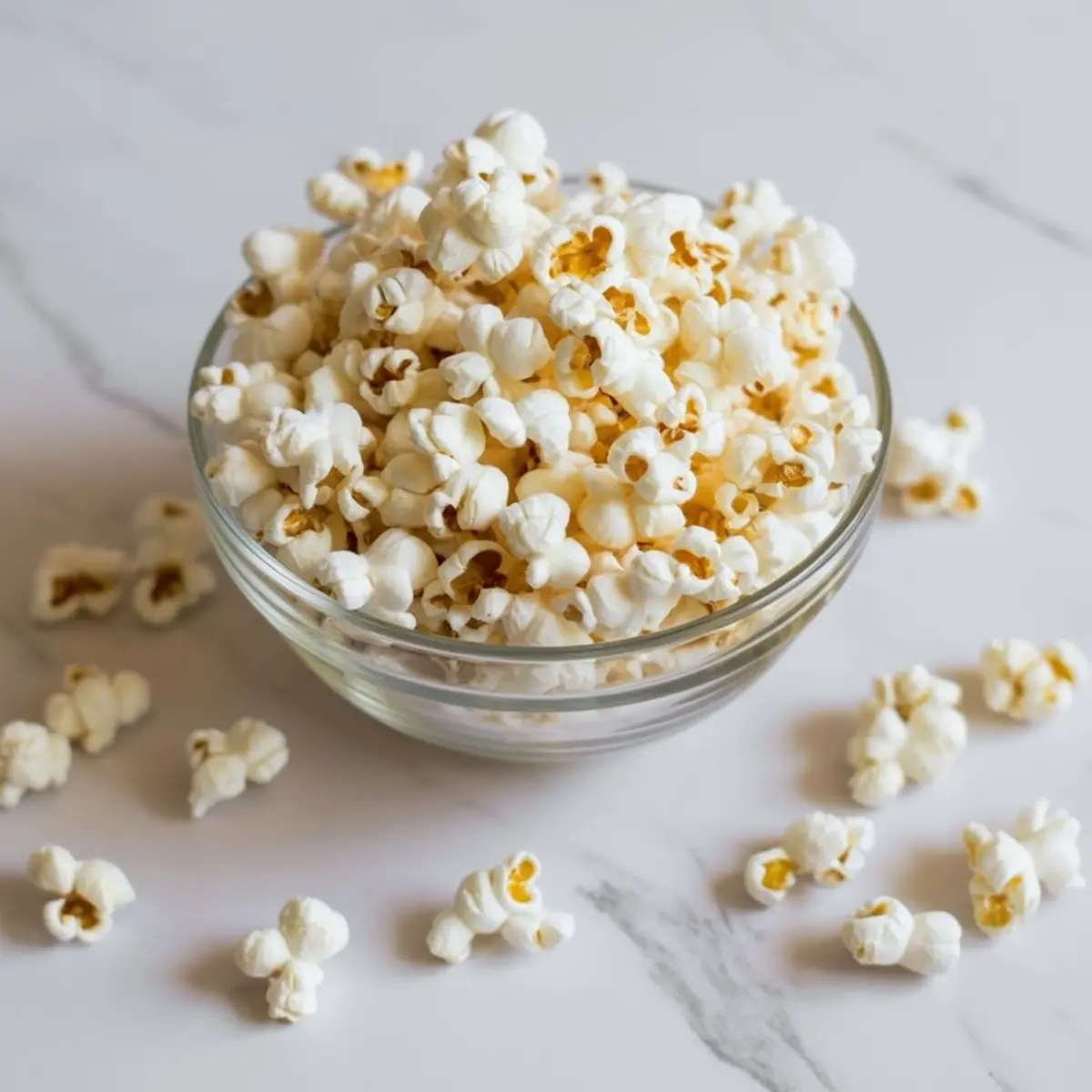 Glass bowl filled with fluffy, air-popped popcorn, with loose kernels scattered on a marble surface, ready for caramel coating.