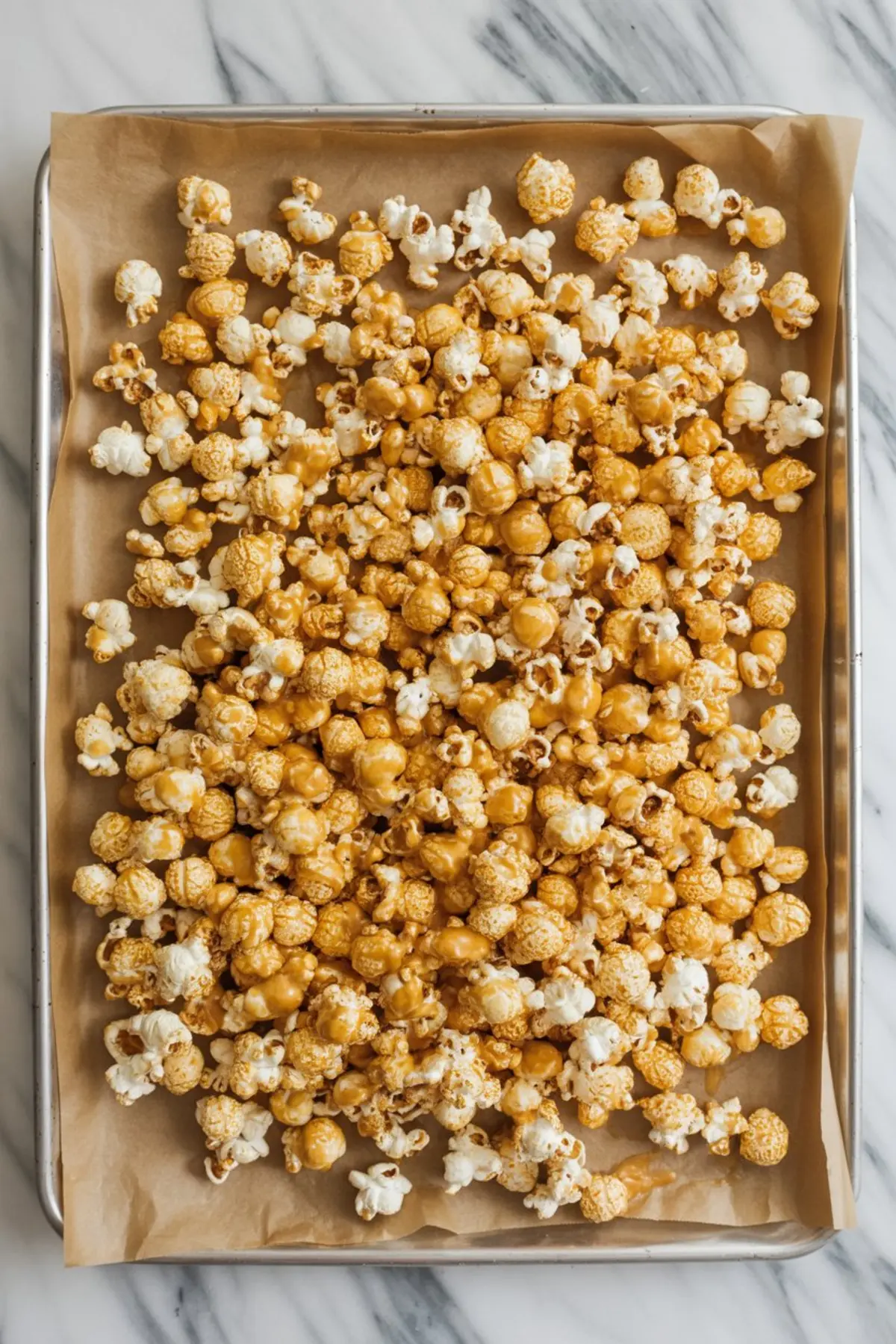 Baking sheet lined with parchment paper and spread with golden caramel-coated popcorn, cooling evenly for a crunchy snack.