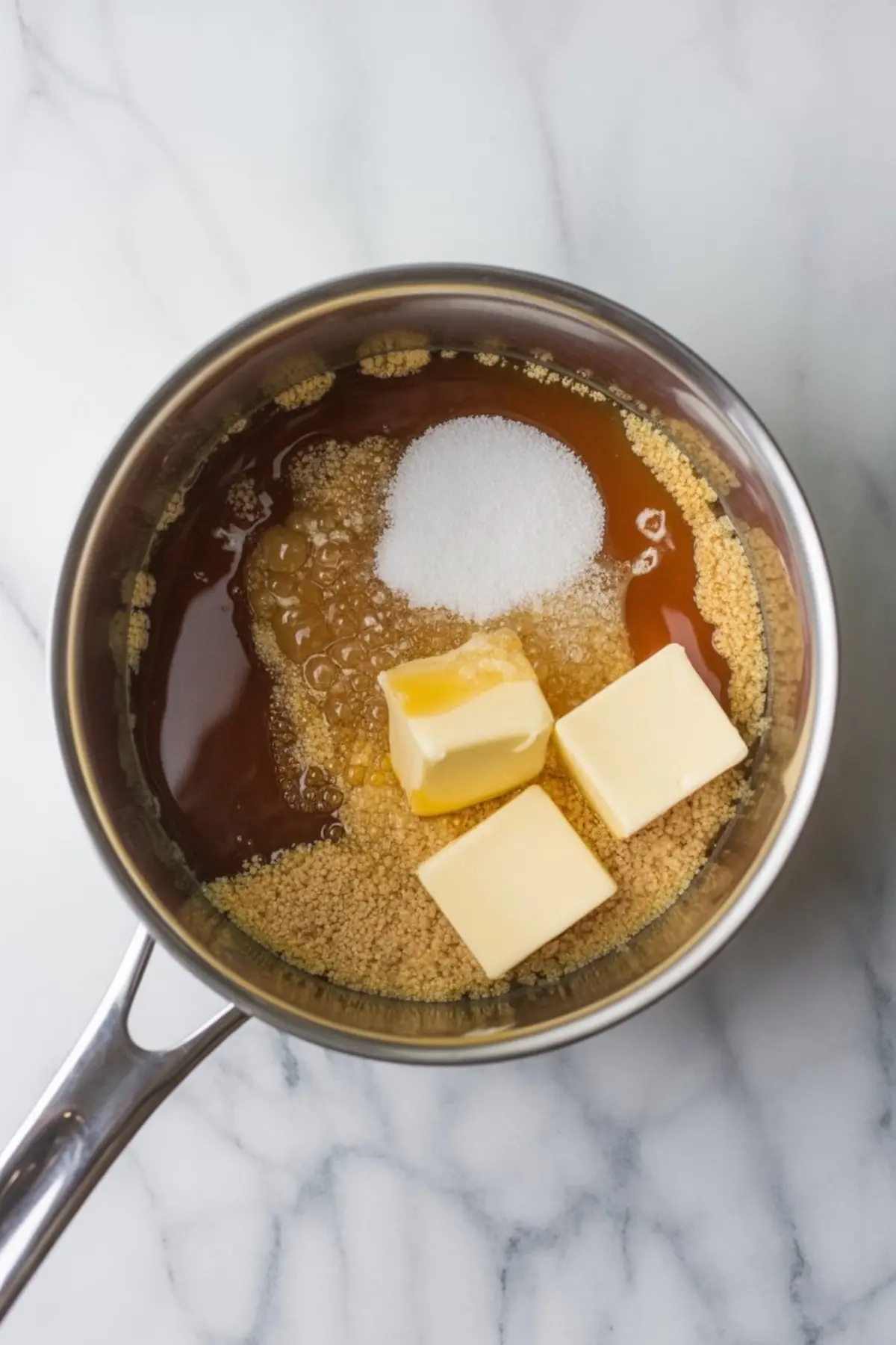 Top view of a saucepan filled with brown sugar, butter, corn syrup, and granulated sugar, showing the base ingredients for homemade caramel glaze.