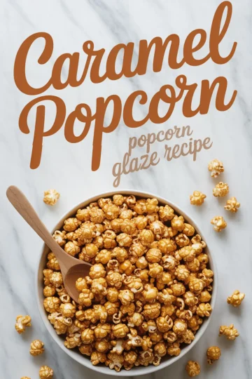 Top view of a full bowl of caramel-coated popcorn with a wooden spoon, surrounded by scattered kernels, and a bold text overlay that reads “Caramel Popcorn Popcorn Glaze Recipe.”