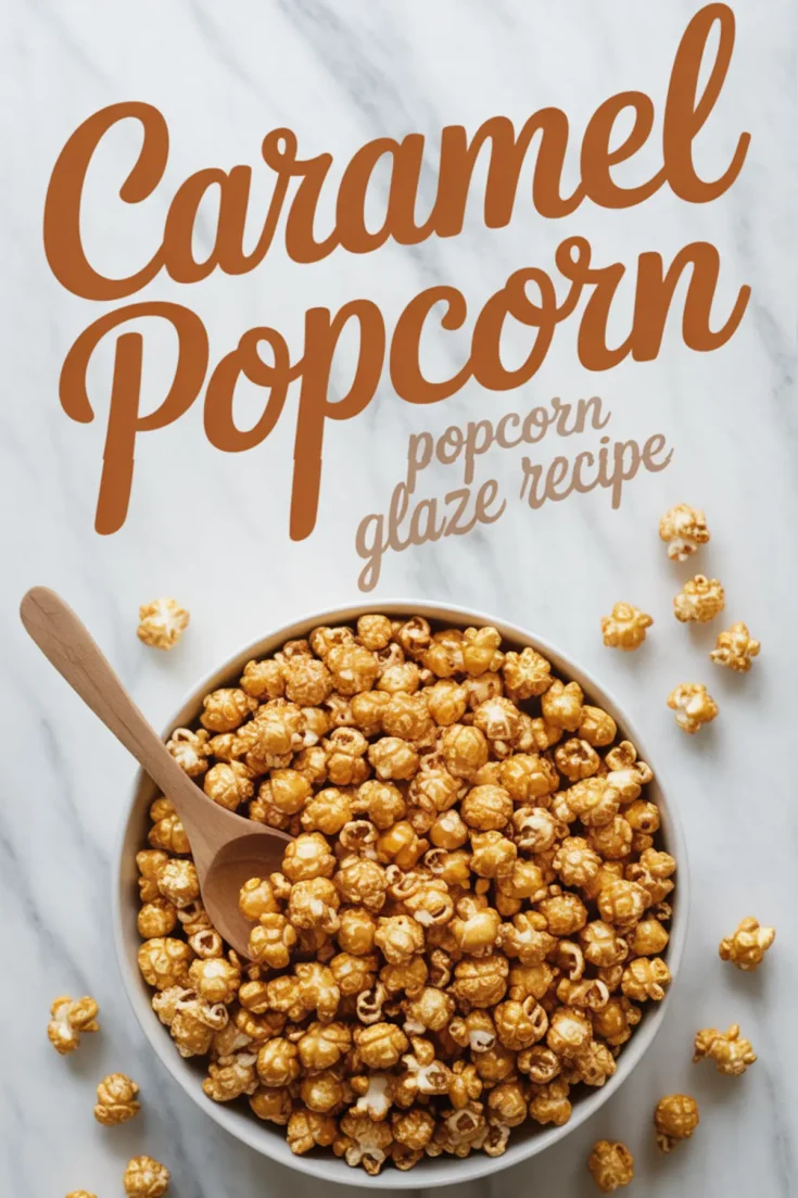 Top view of a full bowl of caramel-coated popcorn with a wooden spoon, surrounded by scattered kernels, and a bold text overlay that reads “Caramel Popcorn Popcorn Glaze Recipe.”