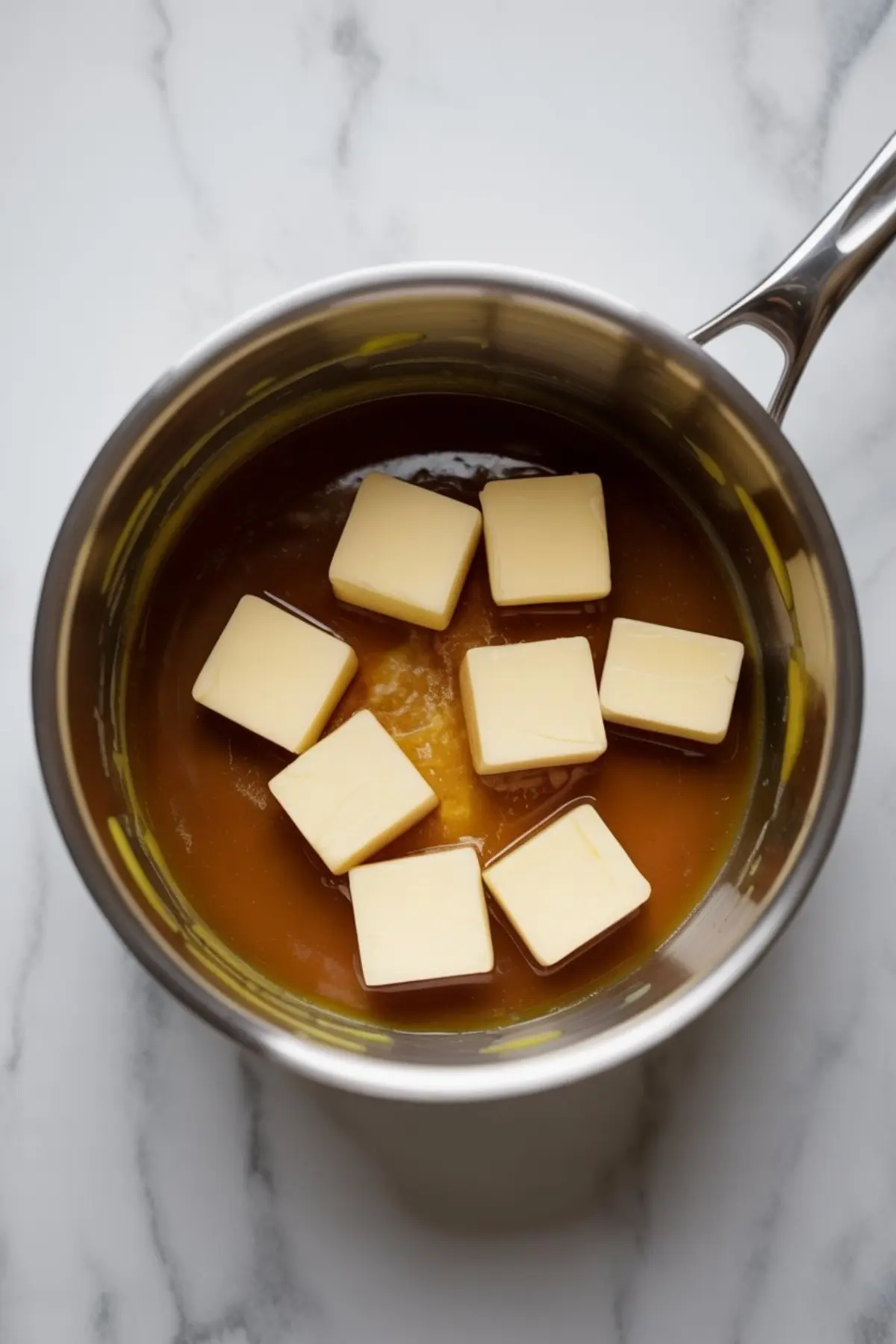 Cubes of butter melting into hot caramel sauce inside a saucepan on a marble countertop.