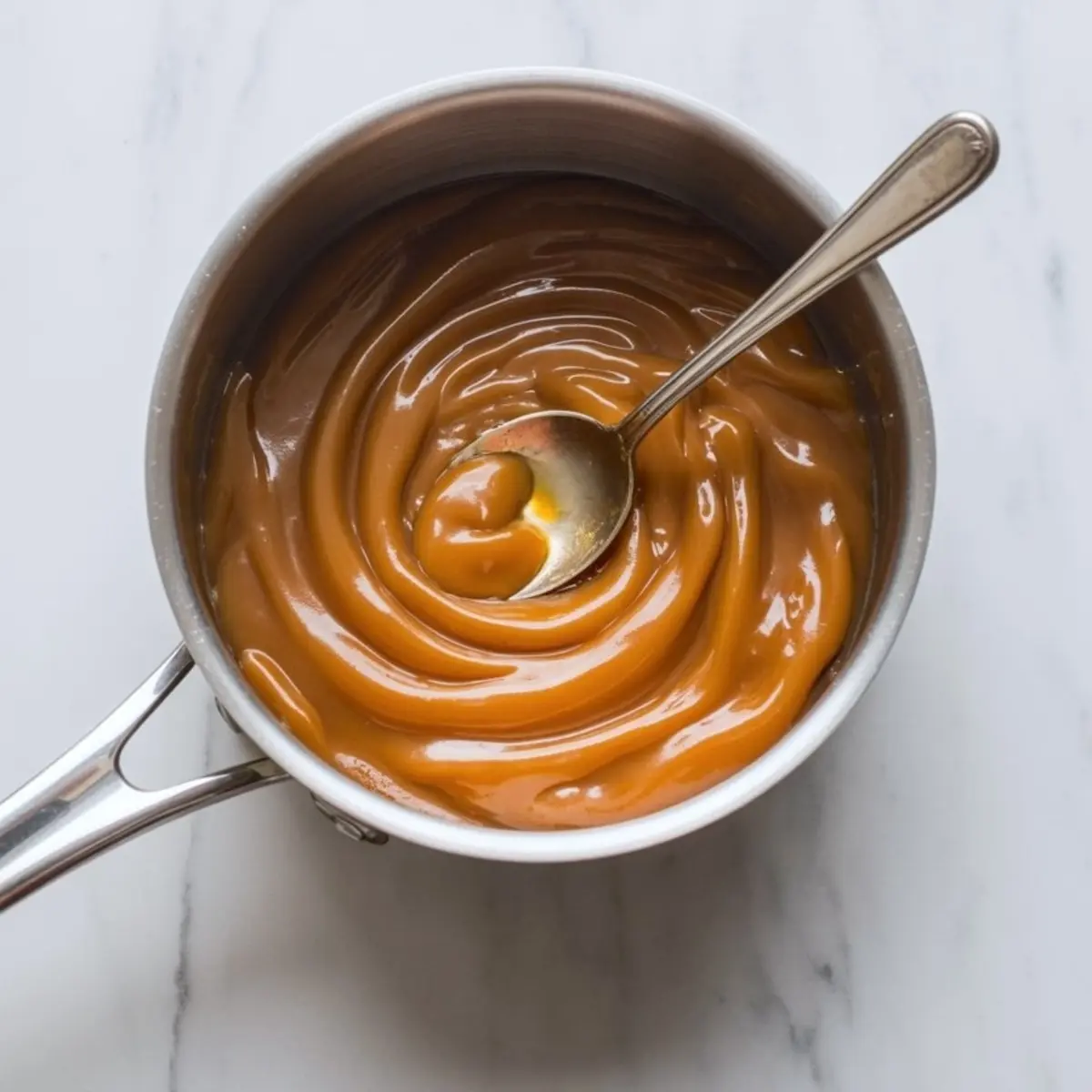A saucepan filled with thick, glossy caramel sauce swirled in a spiral pattern, with a spoon resting inside.