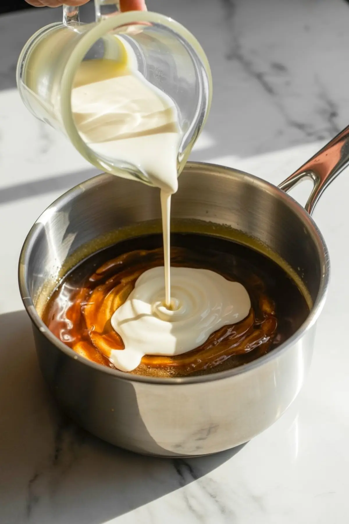 A glass pitcher pouring heavy cream into a saucepan filled with golden caramel sauce on a marble countertop.