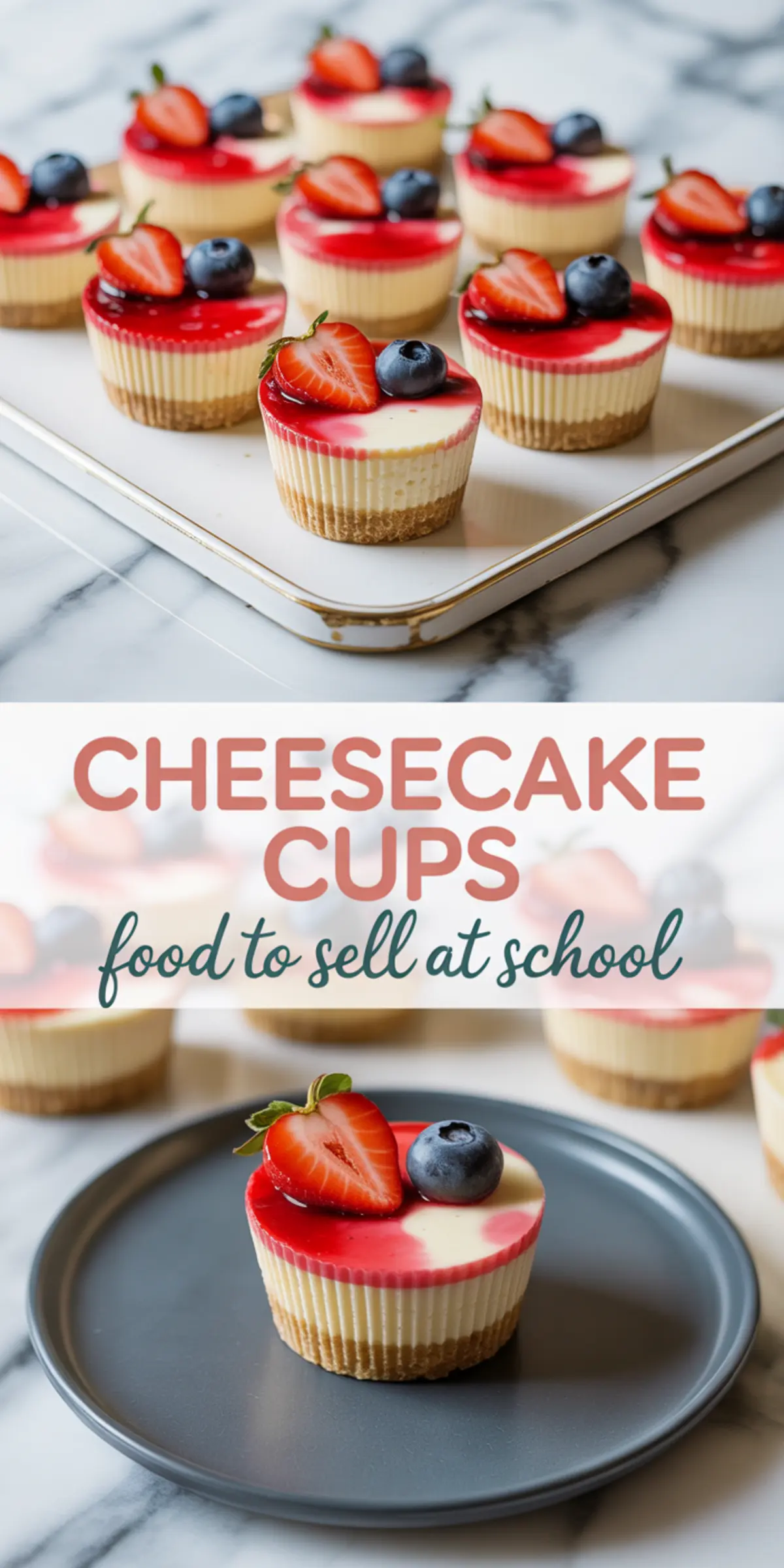 Collage of mini cheesecake cups topped with strawberries and blueberries, set on a tray and a gray plate, with text overlay reading “Cheesecake Cups food to sell at school.”
