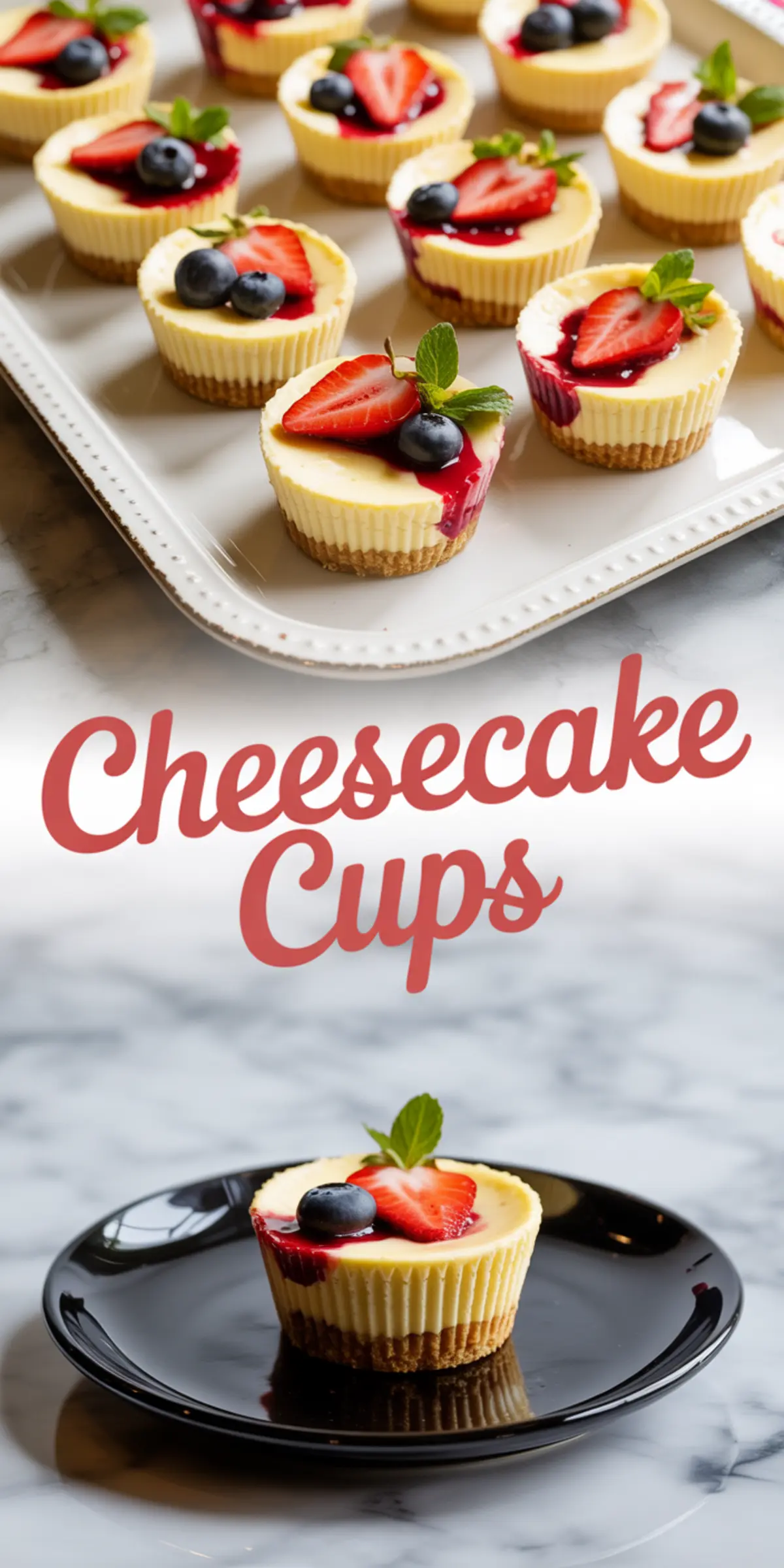 Collage of cheesecake cups decorated with strawberry slices, blueberries, and mint leaves, displayed on a serving tray and a black plate, with text overlay that reads “Cheesecake Cups.”
