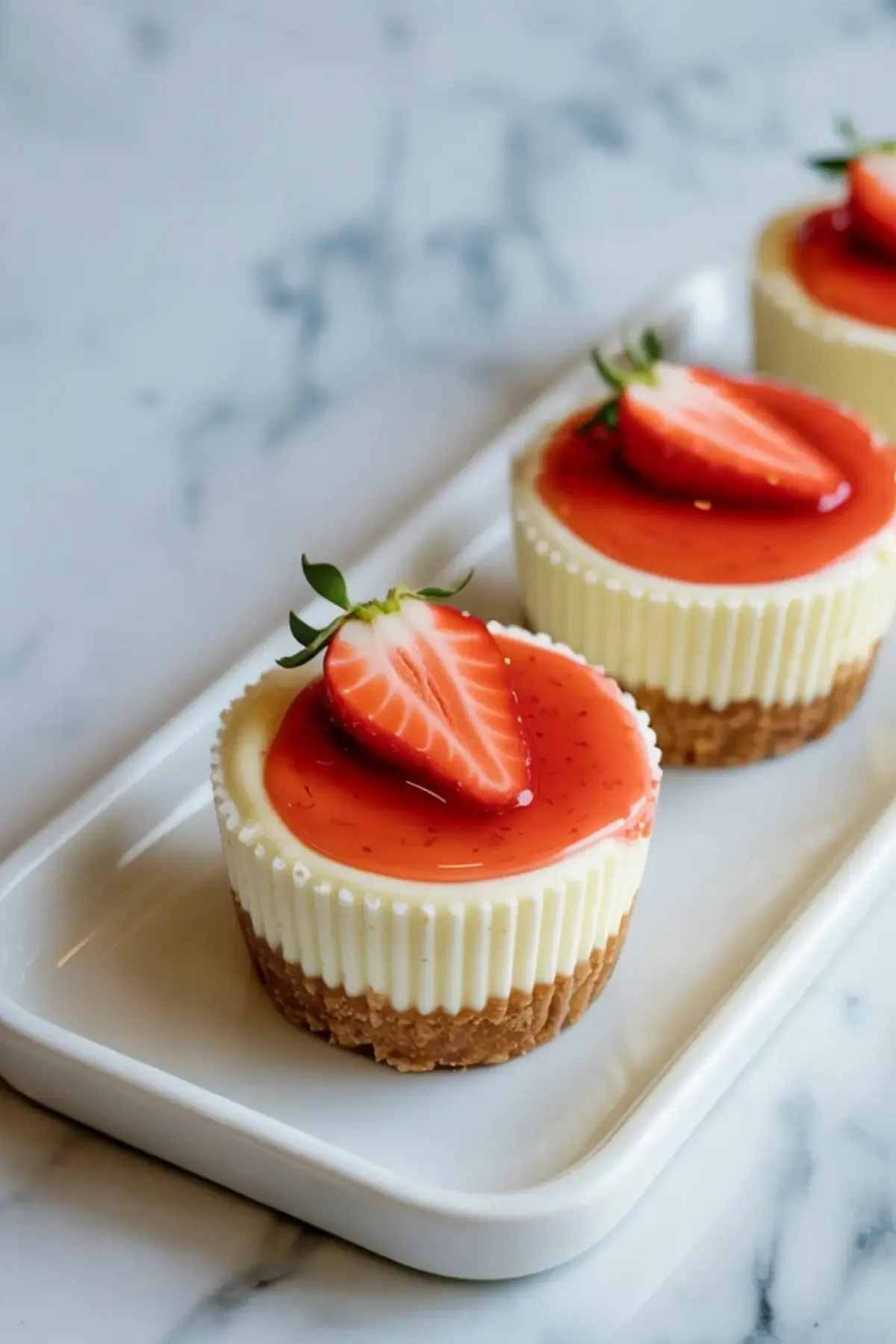 Cheesecake cups on a white tray topped with halved strawberries and a glossy strawberry glaze, with text overlay reading “Cheesecake cups food to sell at school.”