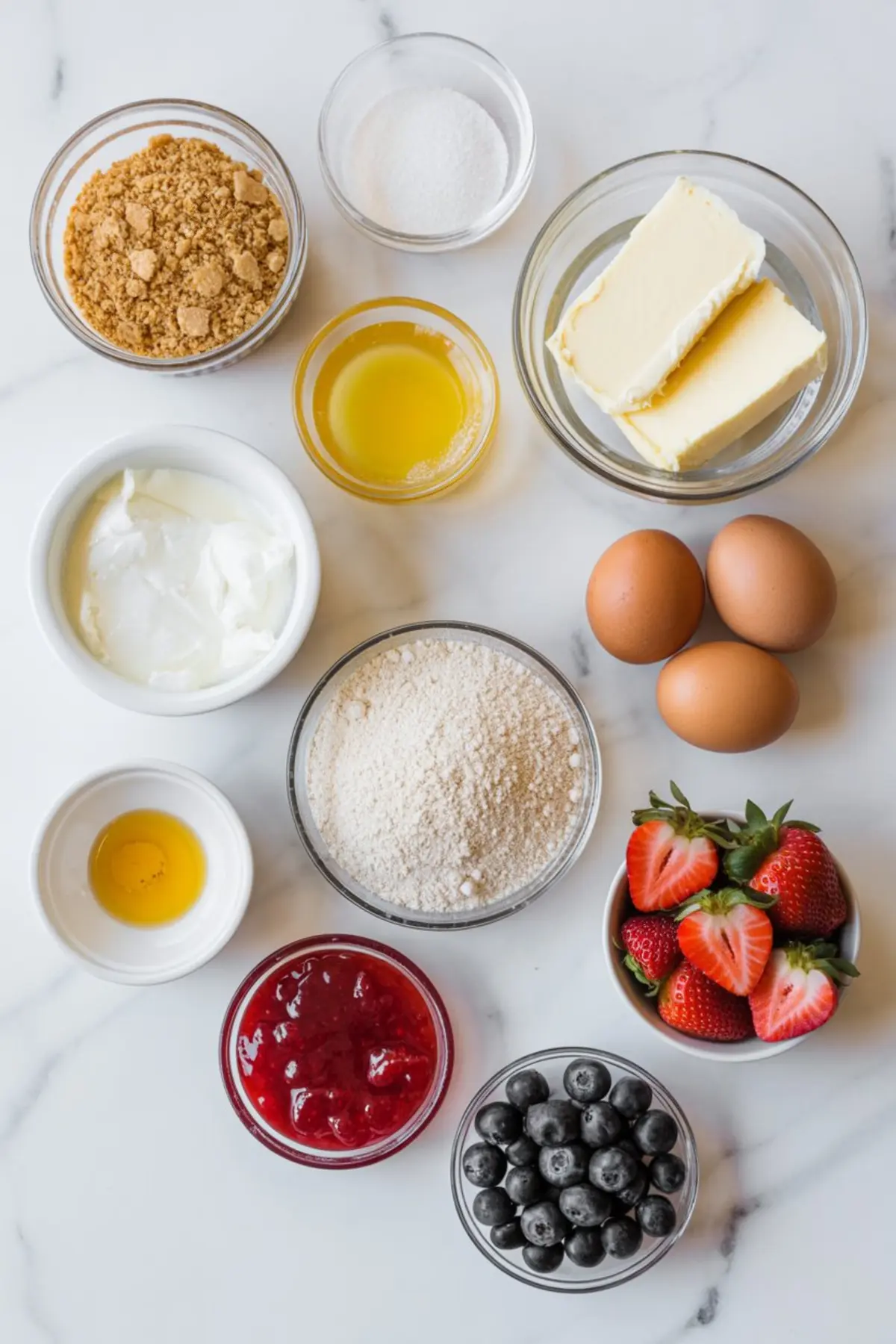 Overhead view of cheesecake ingredients on a white marble surface, including graham cracker crumbs, sugar, butter, eggs, flour, yogurt, vanilla extract, strawberry jam, fresh strawberries, and blueberries.