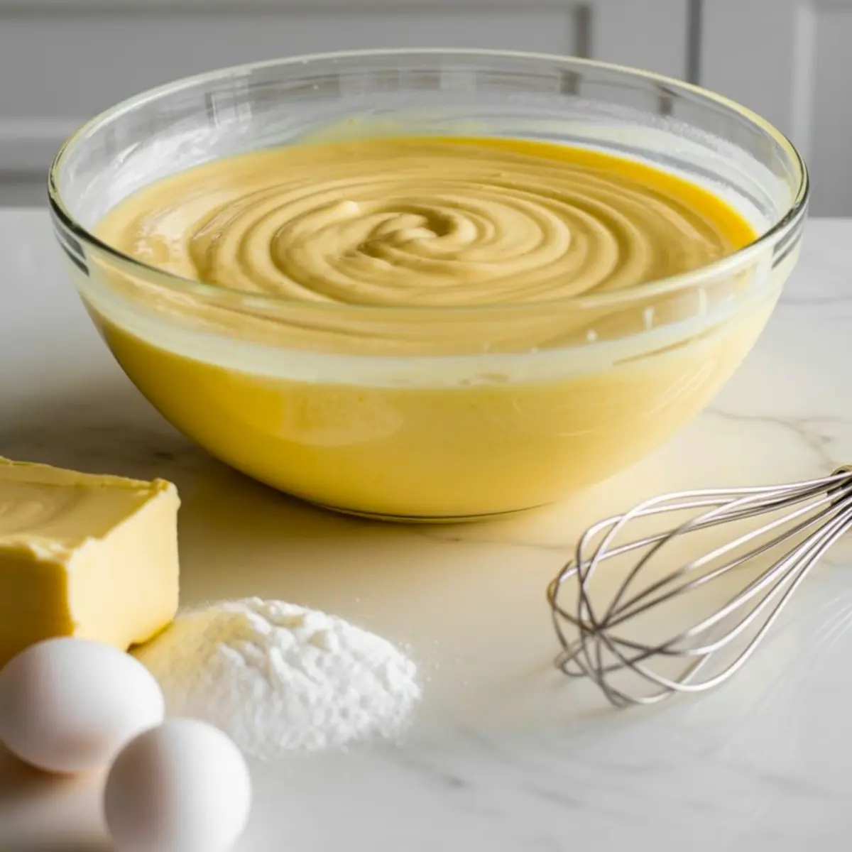 Glass bowl filled with smooth cheesecake batter on a marble counter, with butter, eggs, flour, and a whisk beside it.
