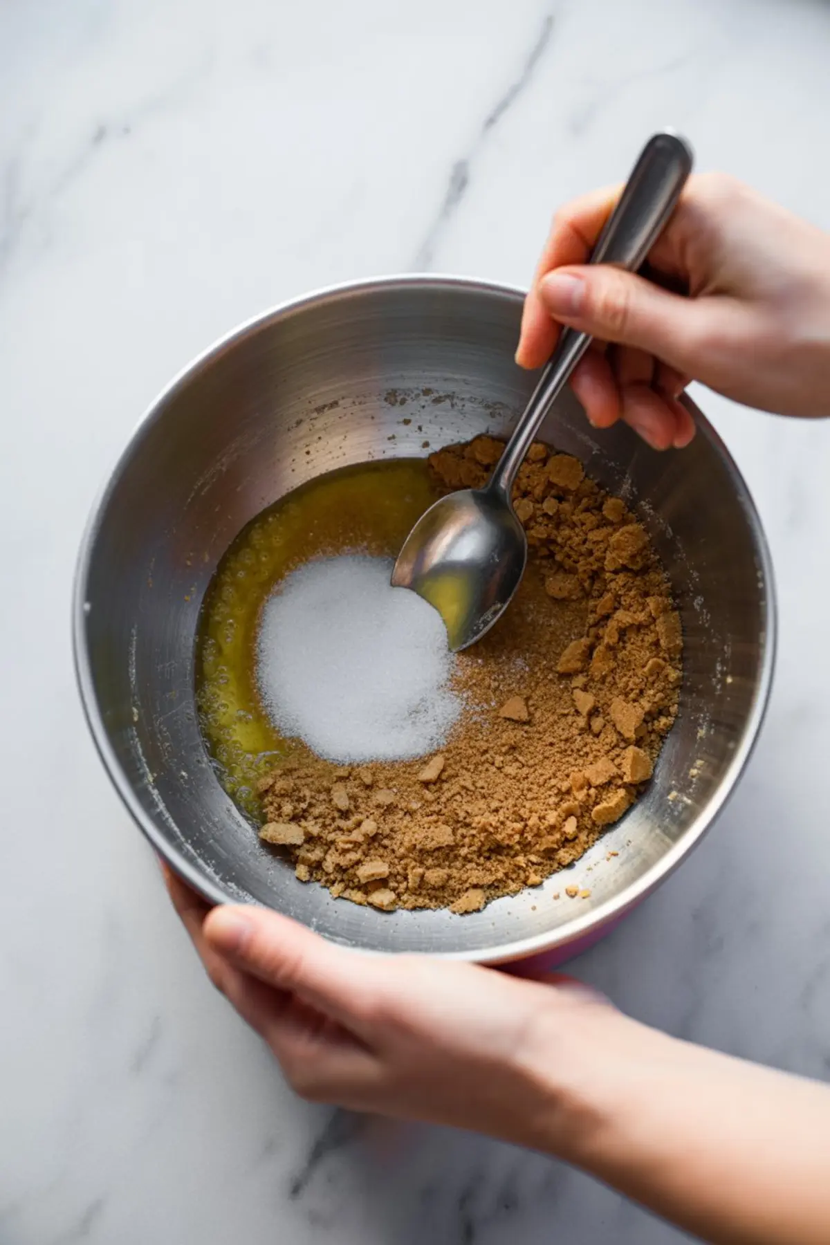 Hands mixing graham cracker crumbs, sugar, and melted butter in a metal bowl with a spoon to make a cheesecake crust.