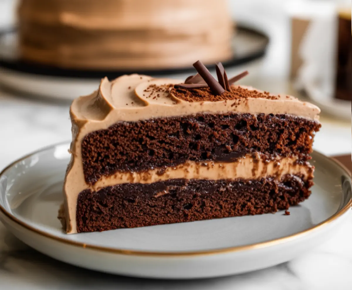 Close-up of a slice of chocolate espresso cake on a white plate, highlighting moist chocolate layers filled and frosted with light coffee buttercream and topped with chocolate curls.