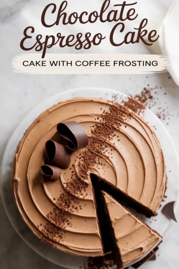 Overhead shot of a chocolate espresso cake with a slice cut out, showing smooth coffee frosting, dusted cocoa powder, and curled chocolate garnishes.