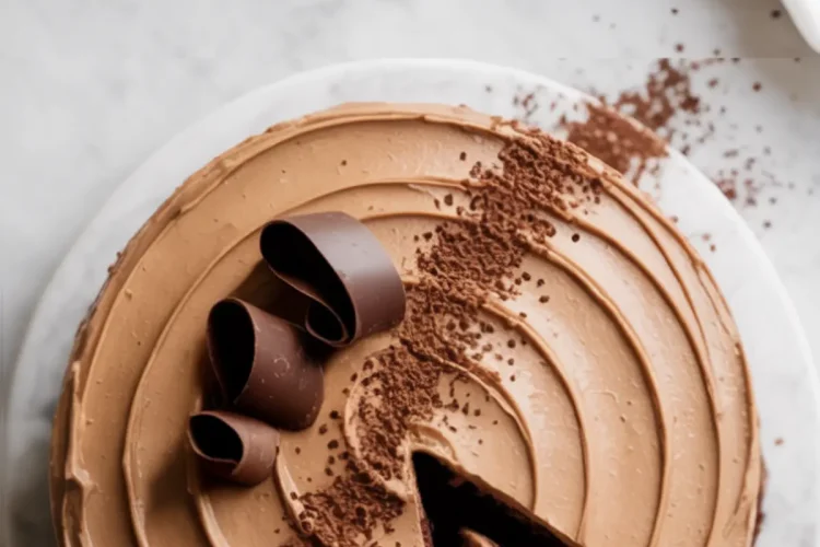 Overhead shot of a chocolate espresso cake with a slice cut out, showing smooth coffee frosting, dusted cocoa powder, and curled chocolate garnishes.