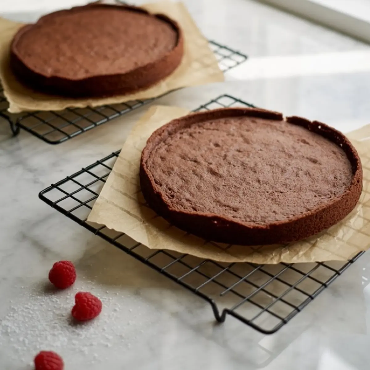 Two chocolate cake layers cooling on wire racks lined with parchment paper, with fresh raspberries and powdered sugar on the marble countertop.