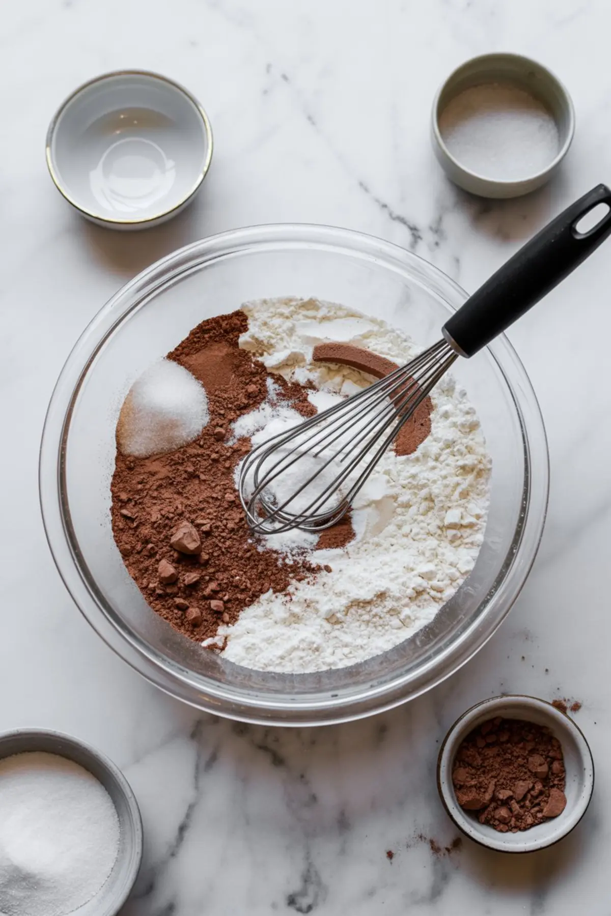 Dry ingredients for chocolate espresso cake in a mixing bowl, featuring cocoa powder, flour, sugar, salt, and baking soda, with a metal whisk resting on top.
