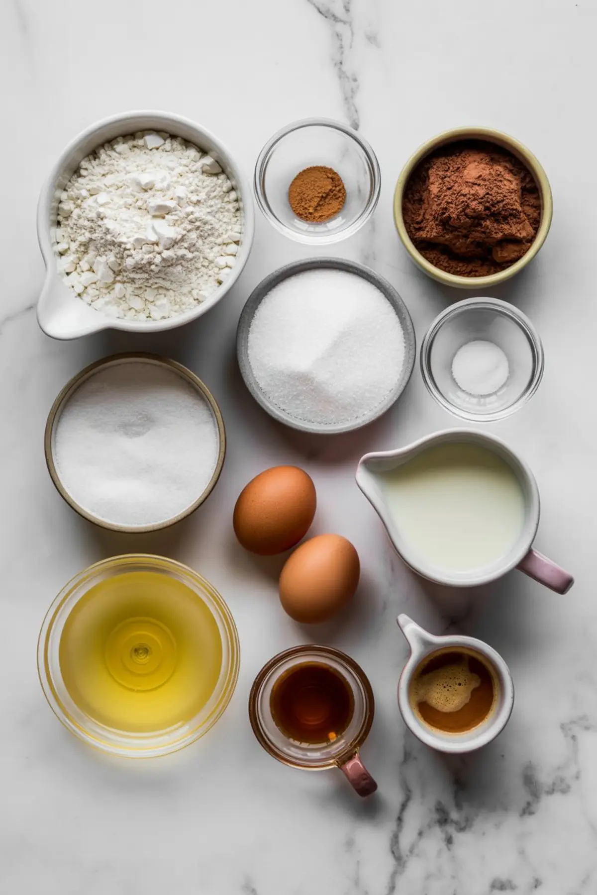 Overhead view of chocolate espresso cake ingredients on a marble surface, including flour, cocoa powder, sugar, eggs, milk, espresso, vanilla extract, oil, cinnamon, baking soda, and salt.