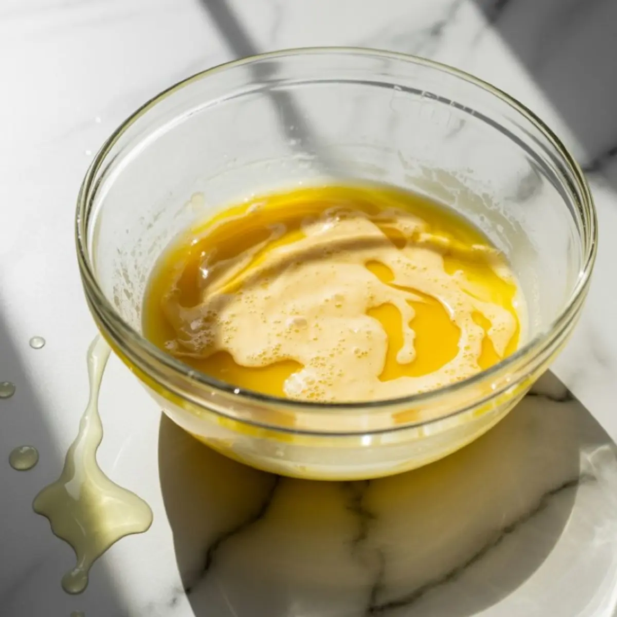 Glass bowl of wet ingredients for chocolate espresso cake batter, showing a creamy yellow mixture of beaten eggs, milk, oil, and espresso with light reflections.