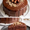 Two-photo collage featuring a glossy chocolate hazelnut cake decorated with chopped hazelnuts and chocolate curls on top, with the bottom photo showing a slice on a plate with layers of moist chocolate cake and ganache.