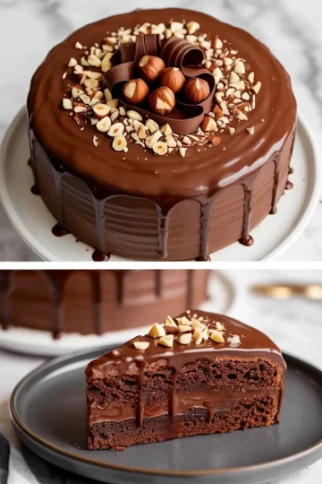Two-photo collage featuring a glossy chocolate hazelnut cake decorated with chopped hazelnuts and chocolate curls on top, with the bottom photo showing a slice on a plate with layers of moist chocolate cake and ganache.