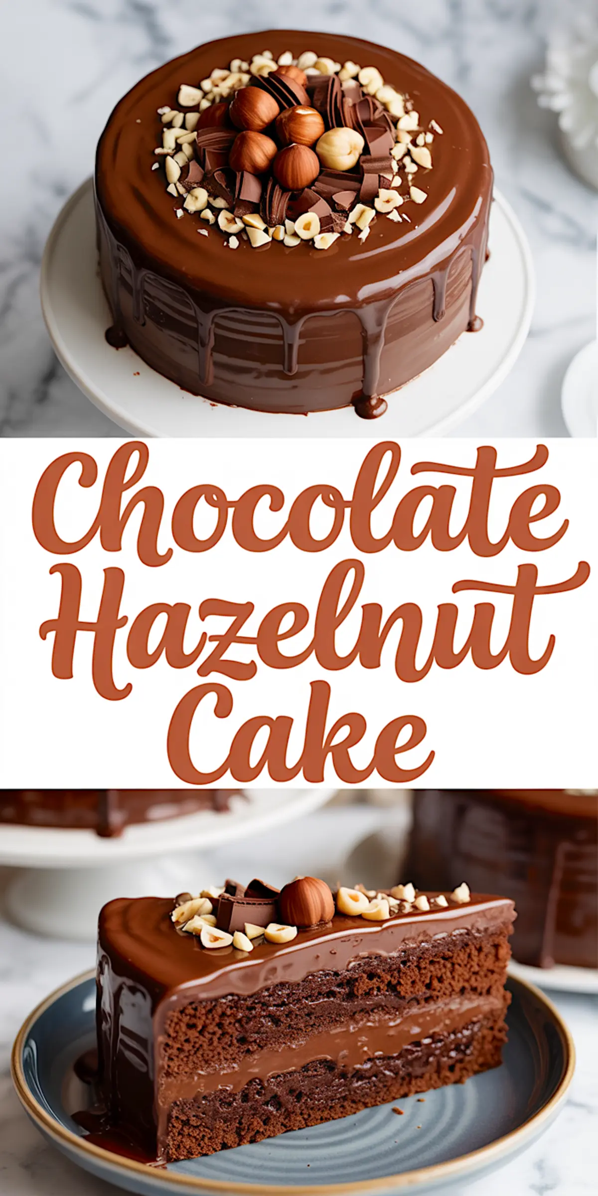 Close-up of a chocolate hazelnut cake slice on a plate with layers of rich chocolate sponge, creamy ganache, and hazelnut topping, with the whole cake in the background.
