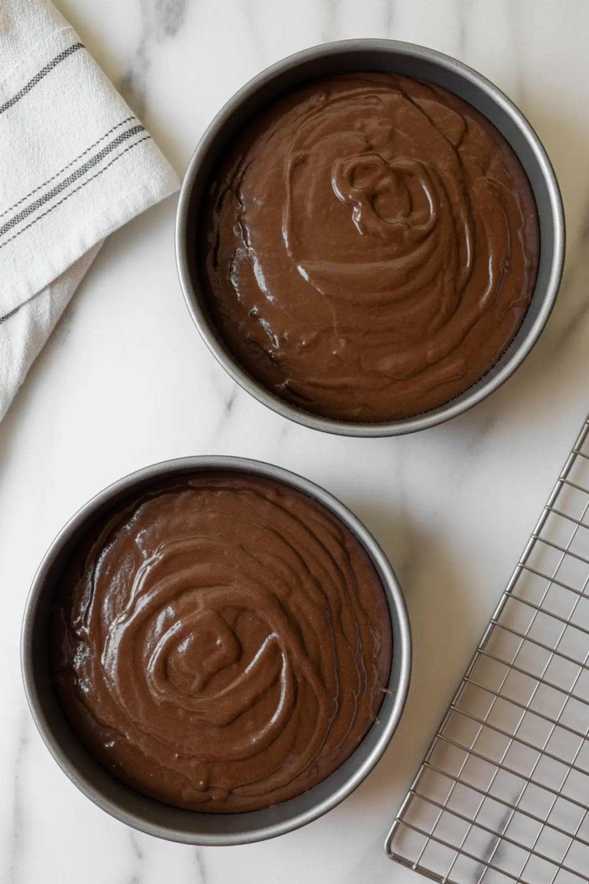 Two round baking pans filled with chocolate cake batter on a marble surface, beside a striped kitchen towel and cooling rack, showing pre-baking setup for layered cake.
