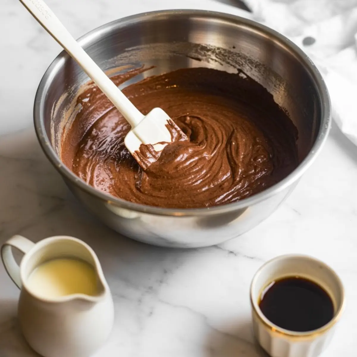 Metal mixing bowl filled with rich chocolate cake batter and a white spatula, surrounded by small pitchers of heavy cream and espresso, staged on a marble countertop.
