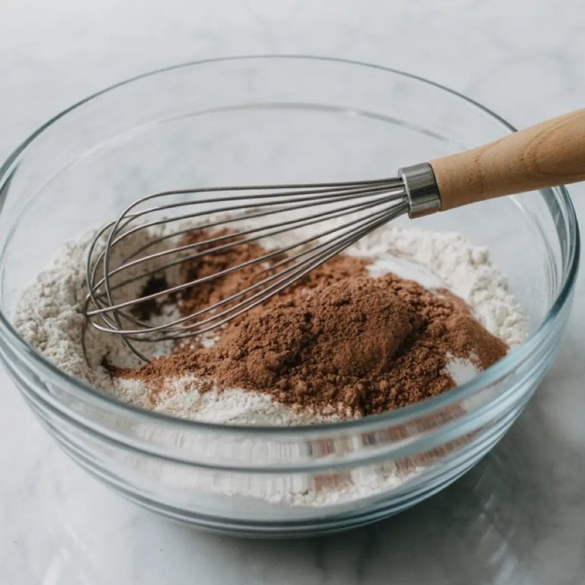 Glass bowl containing flour and cocoa powder with a metal whisk resting on top, set on a marble surface as dry ingredients are prepared for a chocolate dessert recipe.
