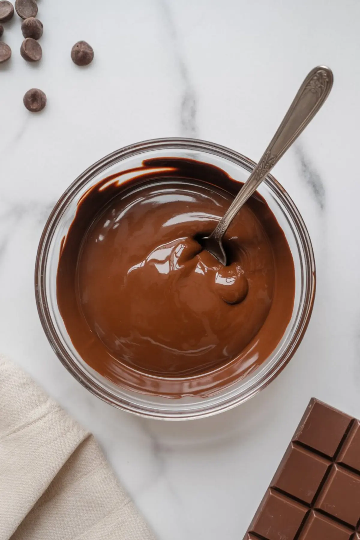 Glass bowl filled with smooth, glossy melted chocolate, stirred with an ornate silver spoon on a marble surface, with chocolate chips and a chocolate bar nearby for baking preparation.
