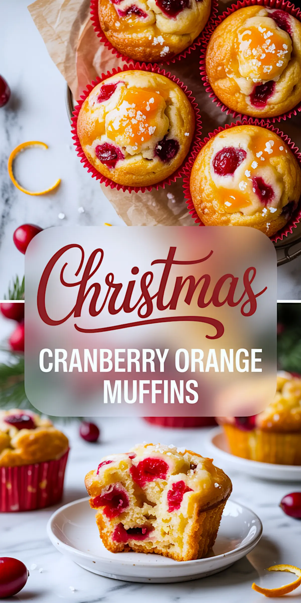 Christmas cranberry orange muffins in red liners, topped with coarse sugar and baked to a golden finish, featuring juicy cranberries and orange segments. Styled on a white marble surface with festive garnishes and a halved muffin revealing the soft, fruit-filled interior.