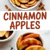 Overhead shot of glossy cinnamon apple slices in a pan next to scattered cinnamon powder and sticks, with the lower frame showing the spiced apple slices served in a ramekin beside a fresh halved apple.