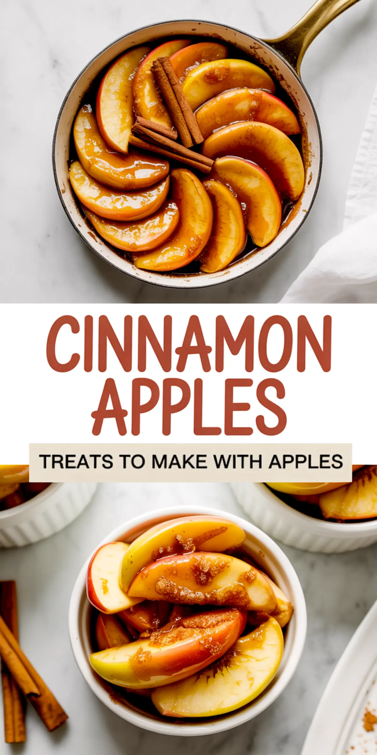 Golden skillet filled with apple slices coated in cinnamon sugar glaze, topped with whole cinnamon sticks, paired with a lower frame of the warm apples served in a white bowl, glistening with cinnamon syrup and sprinkled brown sugar.