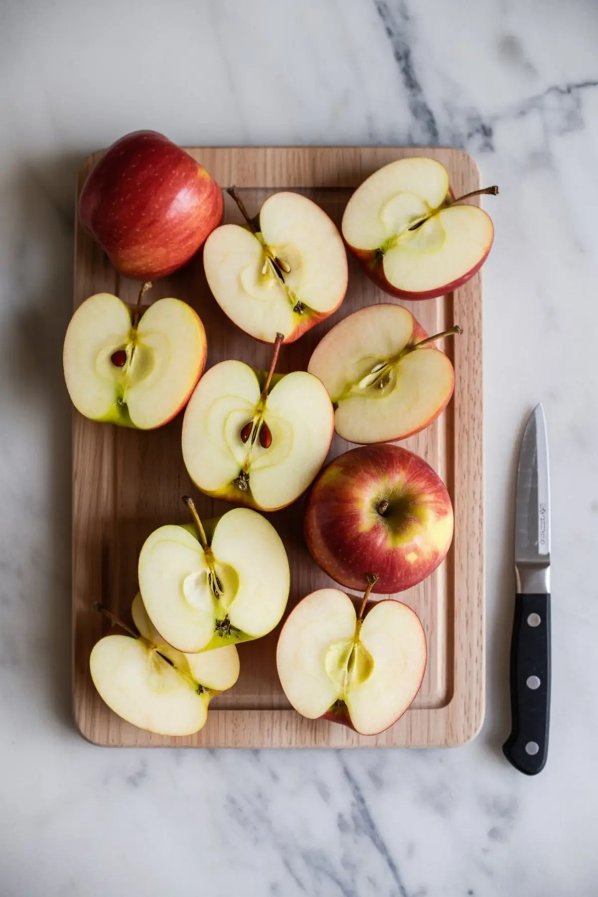 Fresh red apples sliced in half on a wooden cutting board with a paring knife, displayed on a white marble surface. The arrangement highlights the crisp texture and natural color contrast of the apple interior.
