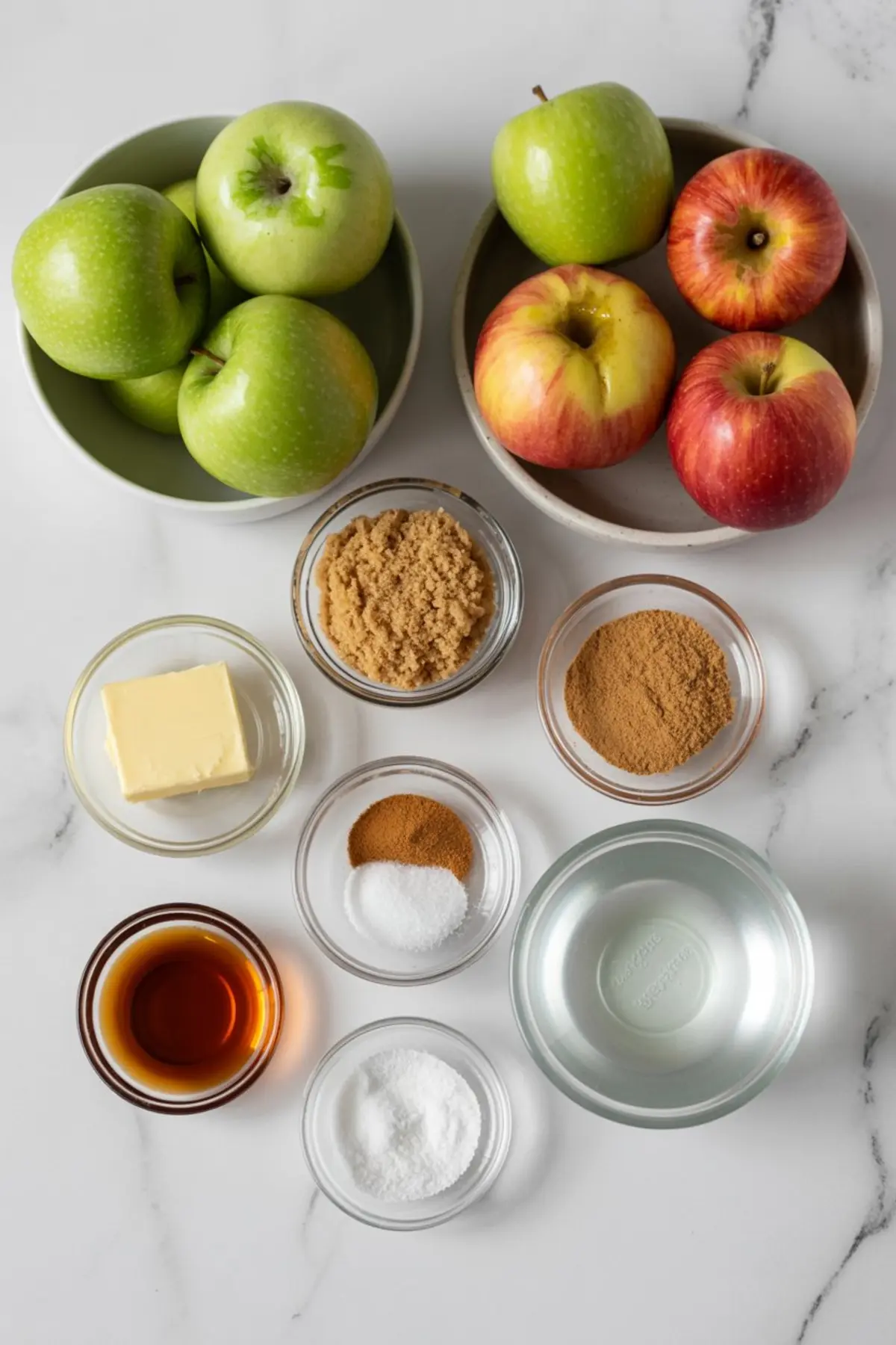 Flat lay of ingredients for a cinnamon apple recipe, featuring green and red apples, butter, brown sugar, cinnamon, white sugar, nutmeg, salt, vanilla extract, and water, all arranged in small bowls on a white marble background.
