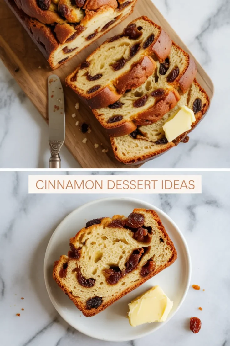 Collage featuring sliced cinnamon raisin bread loaf on a wooden board with butter and a plated slice on a white dish labeled “Cinnamon Dessert Ideas.”