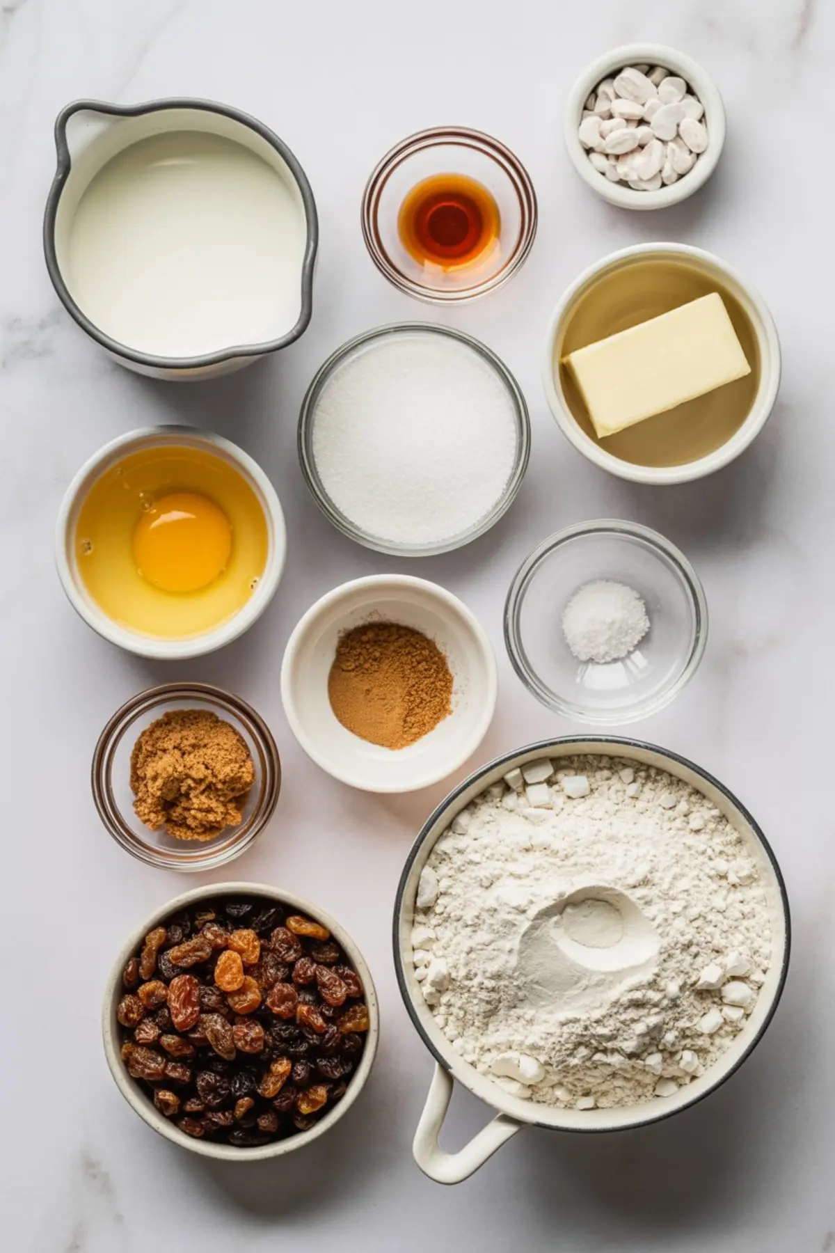Flat lay of baking ingredients for cinnamon raisin bread, including flour, sugar, egg, milk, butter, cinnamon, vanilla extract, brown sugar, baking powder, salt, and raisins on a white marble background.
