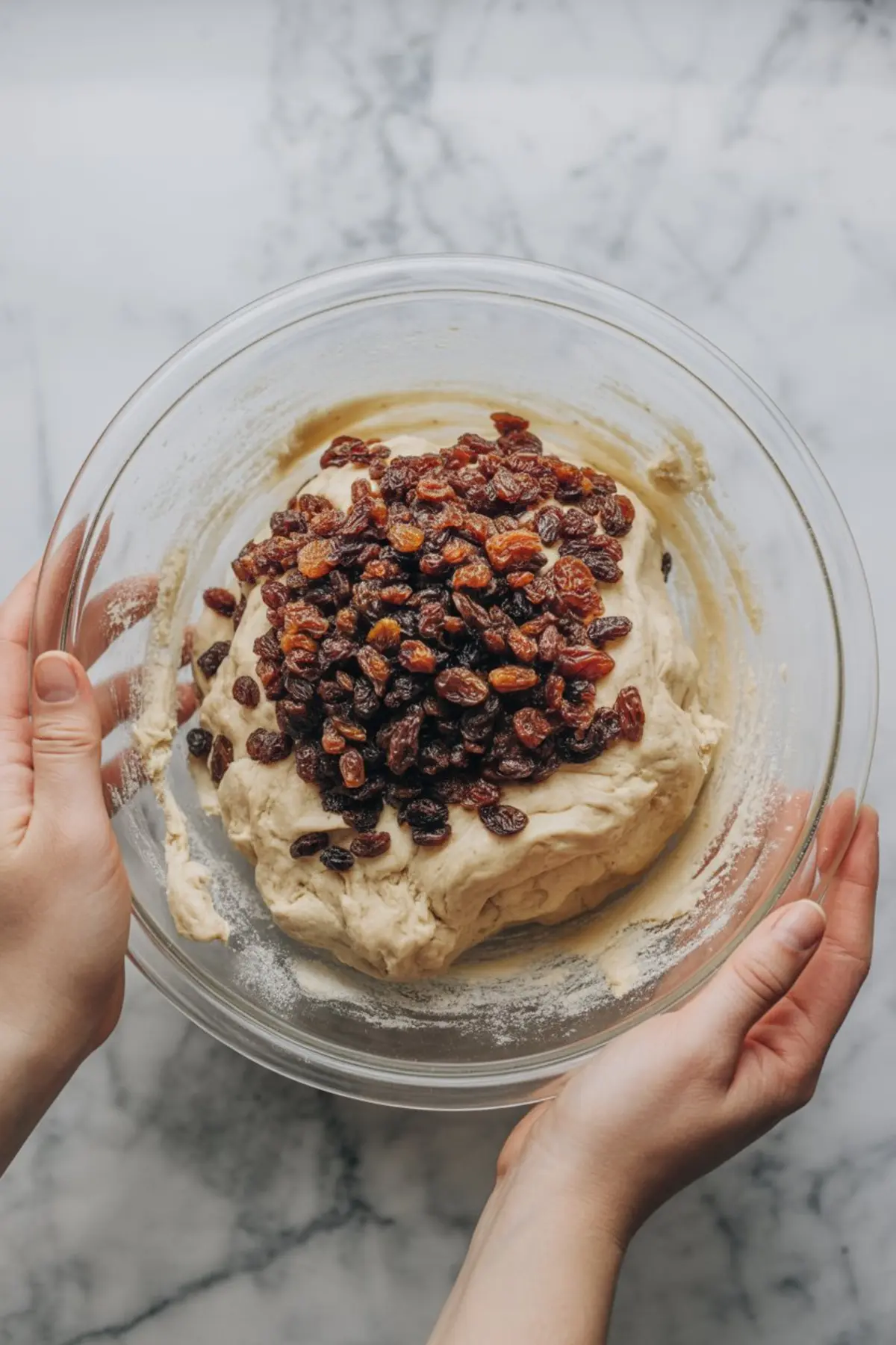 Hands holding a glass bowl of cinnamon bread dough with a generous layer of raisins on top, set on a marble surface.

