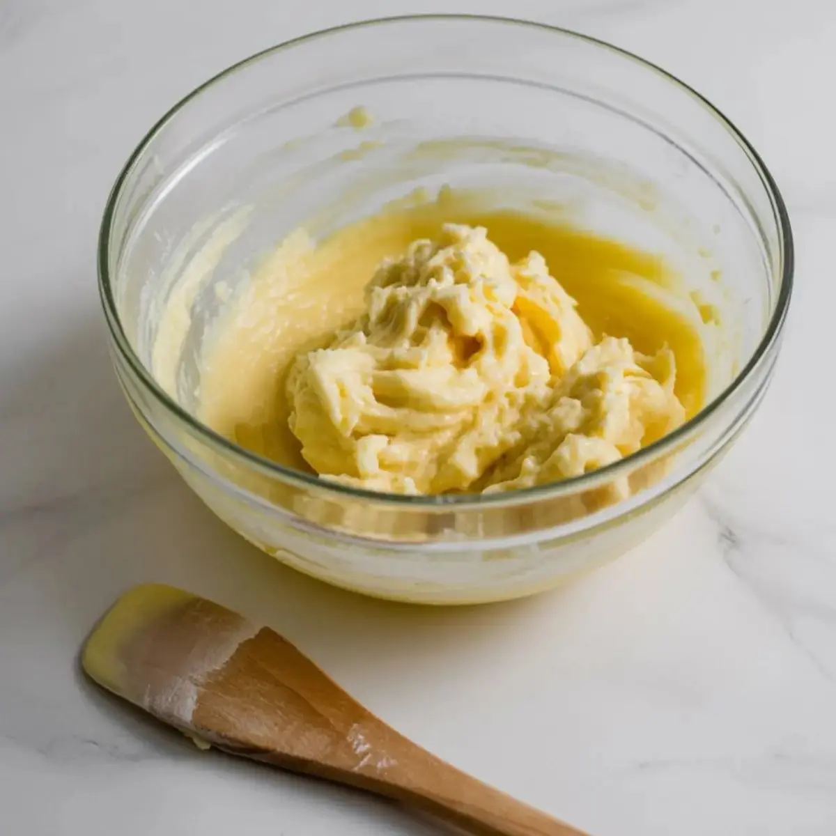 Glass mixing bowl filled with thick, creamy sugar cookie dough, placed on a white marble counter next to a wooden spatula.

