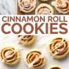 Collage image showing iced cinnamon roll cookies on a baking tray and parchment-lined surface, with a bold text overlay that reads “Cinnamon Roll Cookies.” Each cookie features a golden spiral center topped with drizzled vanilla glaze.