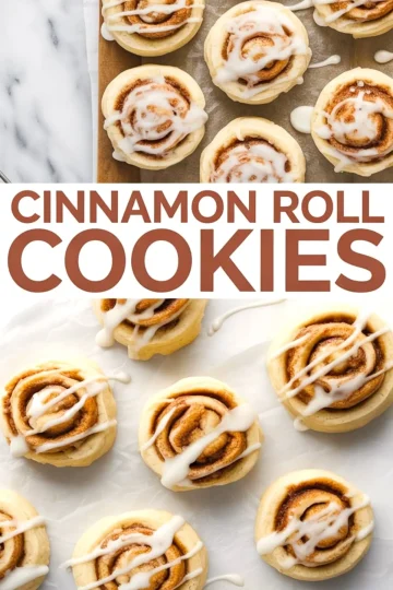 Collage image showing iced cinnamon roll cookies on a baking tray and parchment-lined surface, with a bold text overlay that reads “Cinnamon Roll Cookies.” Each cookie features a golden spiral center topped with drizzled vanilla glaze.