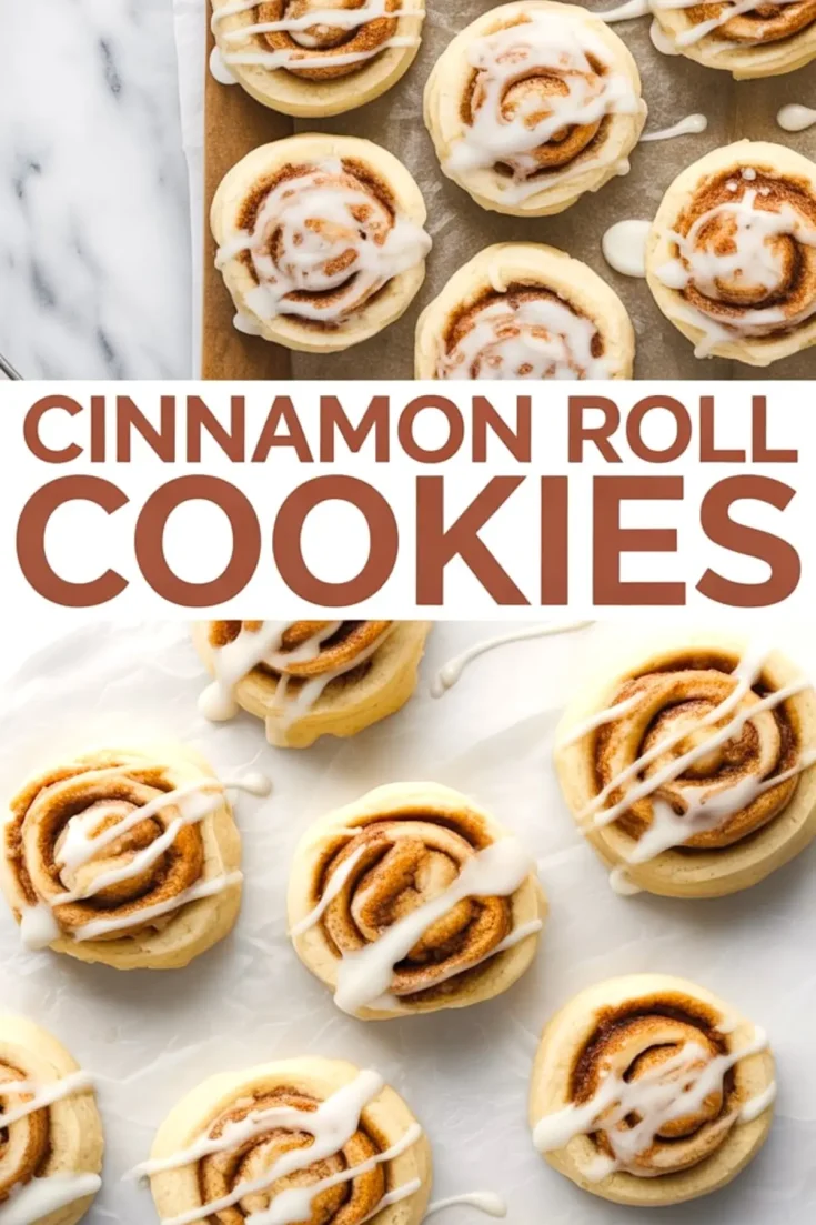 Collage image showing iced cinnamon roll cookies on a baking tray and parchment-lined surface, with a bold text overlay that reads “Cinnamon Roll Cookies.” Each cookie features a golden spiral center topped with drizzled vanilla glaze.