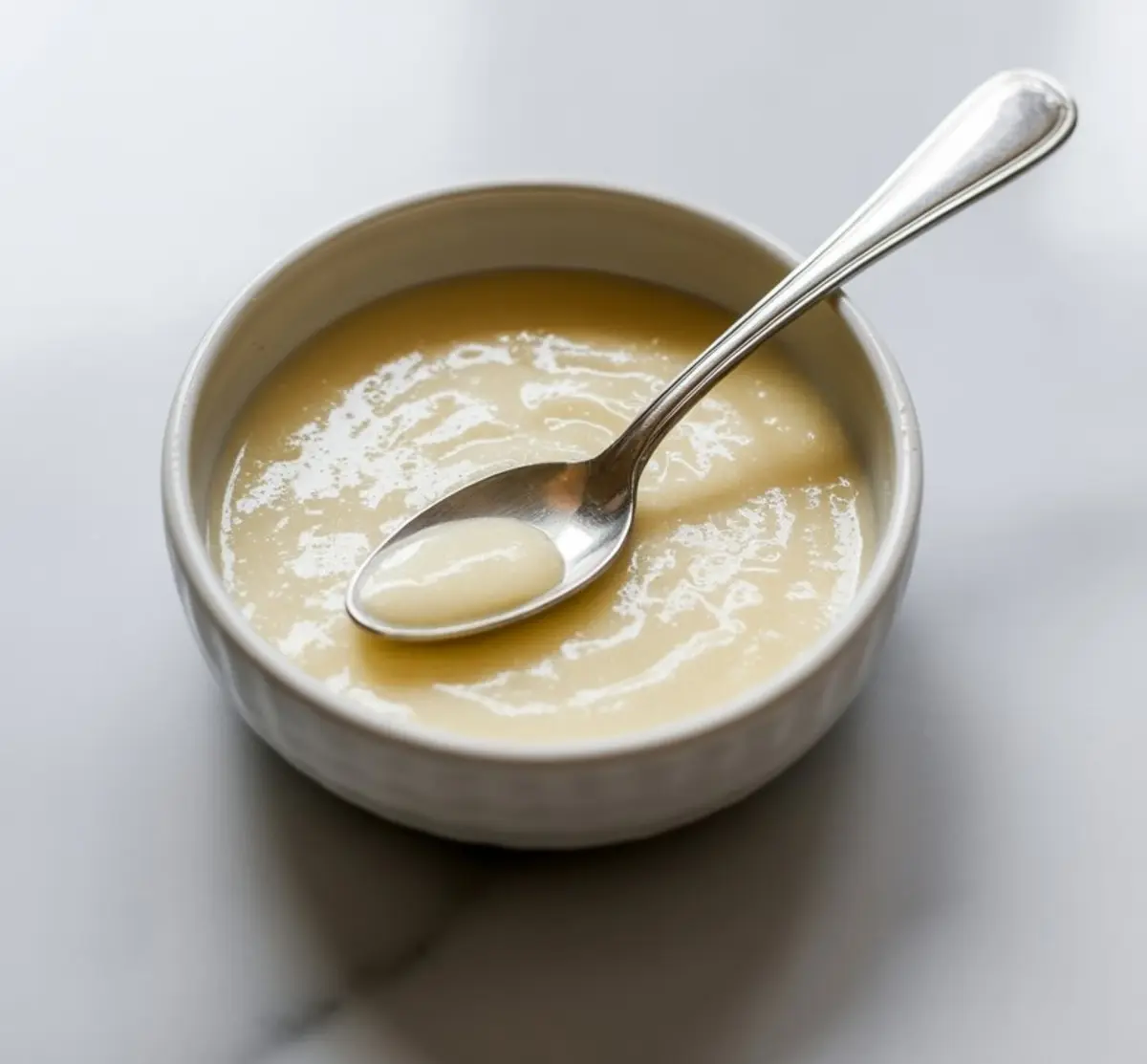 Small white bowl of smooth vanilla icing with a silver spoon resting inside, placed on a white background.
